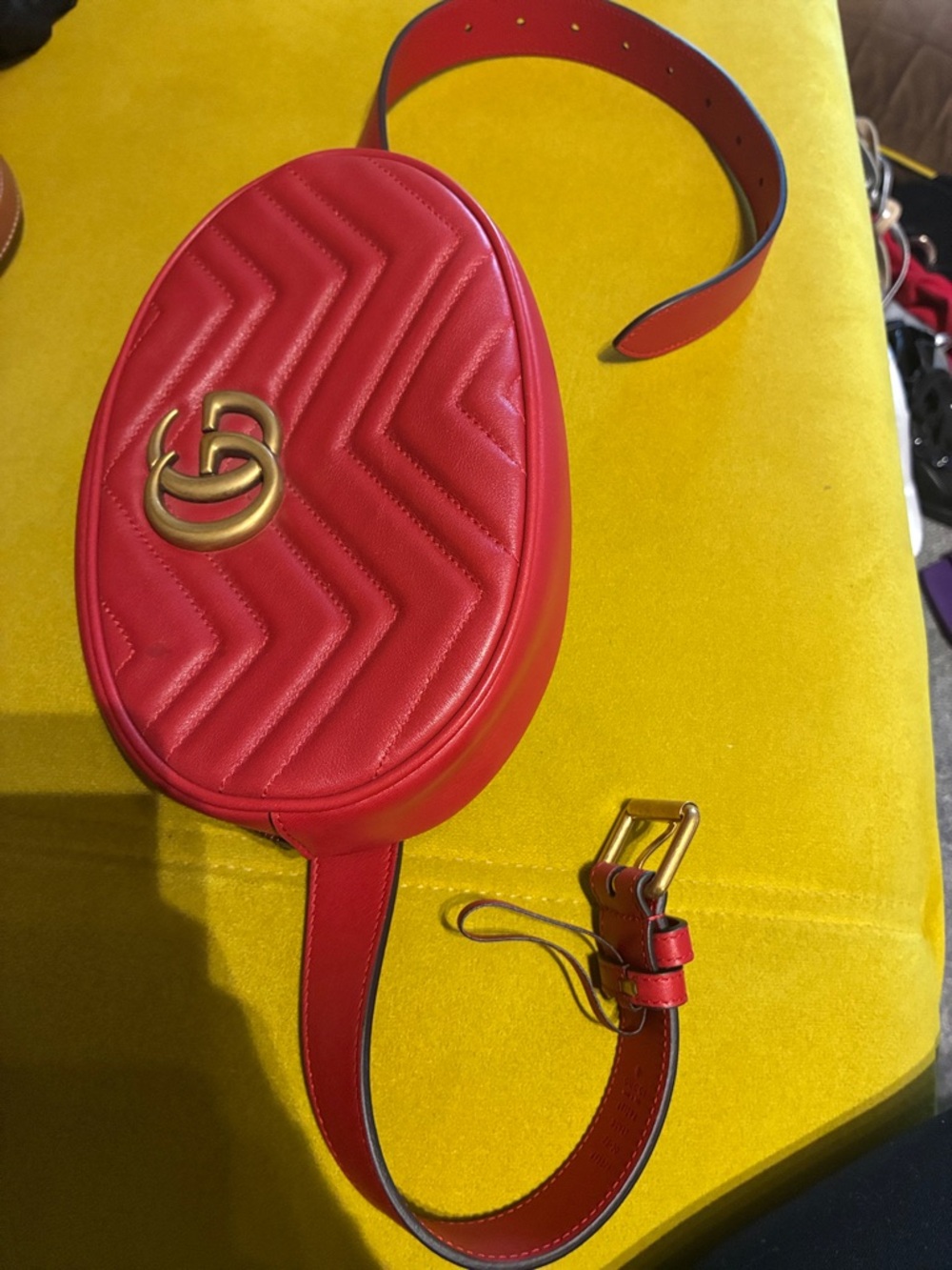 Authentic Red Gucci Crossbody Belt Bag with Gold Double-G Accent